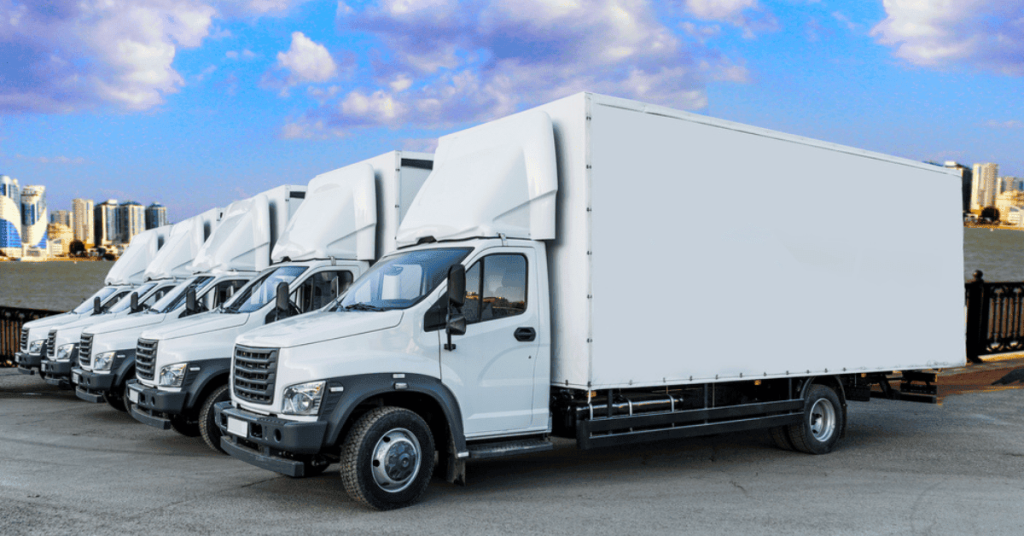 Parked local carrier box trucks ready for final mile shipments