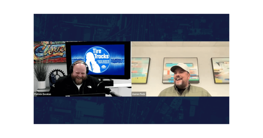 Tire Tracks podcast host Patrick Escolas with guest Aaron Peck