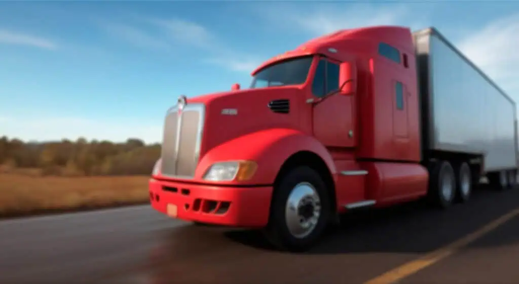 Red semi-truck on highway representing logistics and supply chain solutions by Banyan Technology.