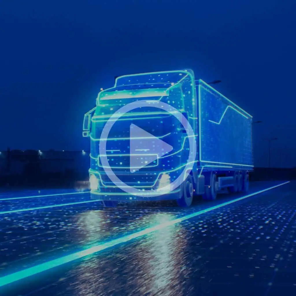 Futuristic digital truck with glowing blue neon lines, emphasizing technology and innovation in logistics and transportation, representing Banyan Technology's advanced solutions.
