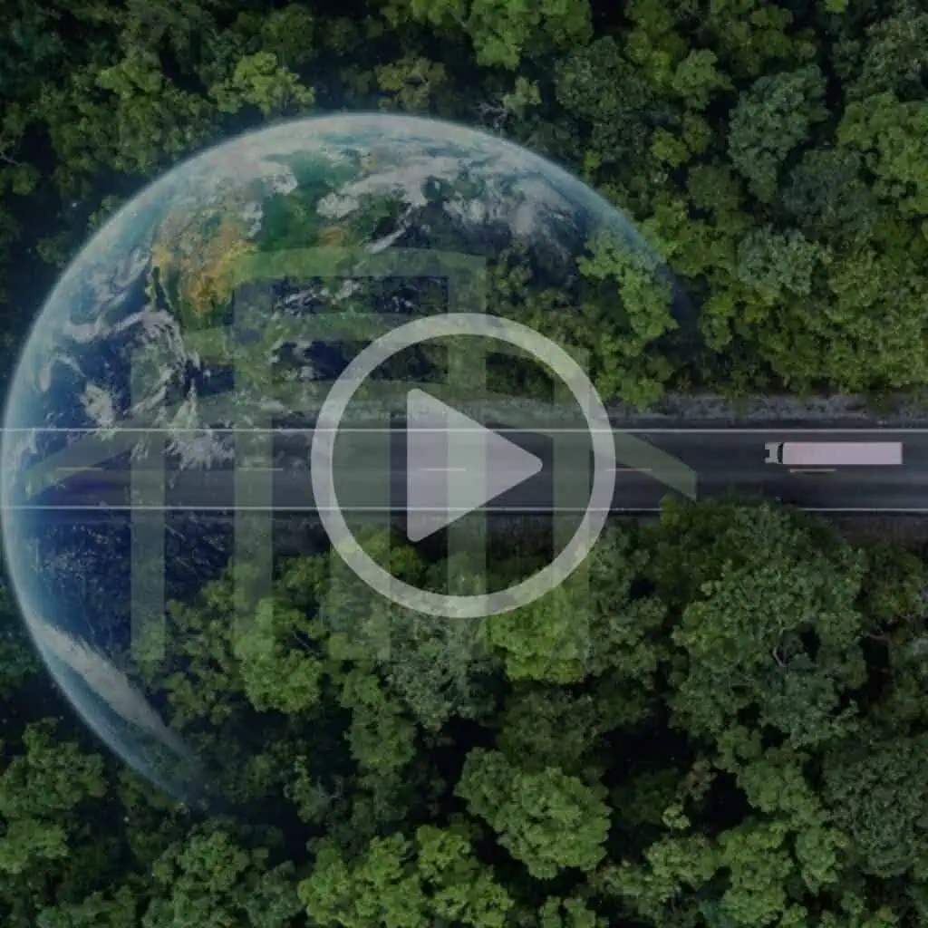 Earth encompassed by a green forest with a highway running through it, symbolizing sustainable logistics and environmental responsibility in supply chain management.