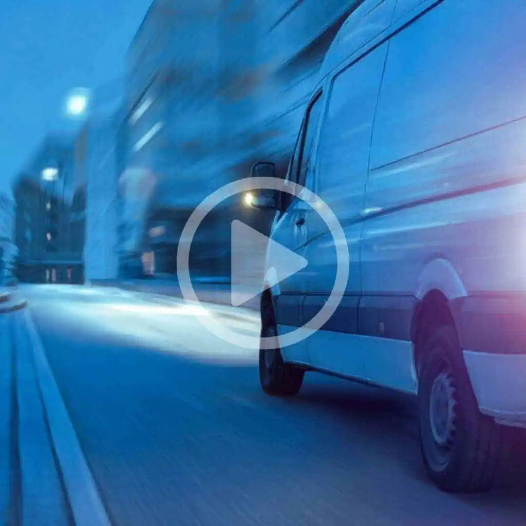 Moving delivery van at night with motion blur to symbolize fast logistics solutions by Banyan Technology in supply chain management.