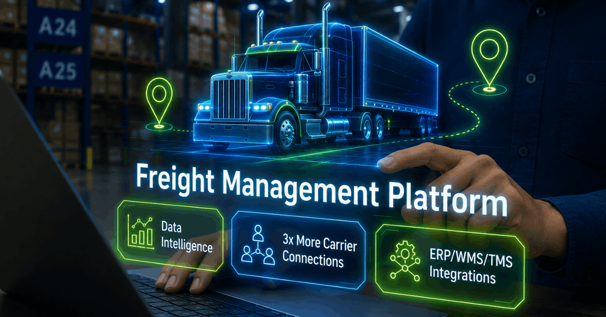 An illustration of Banyan's freight management platform with carrier connectivity, data intelligence and ERP/WMS/TMS integrations.