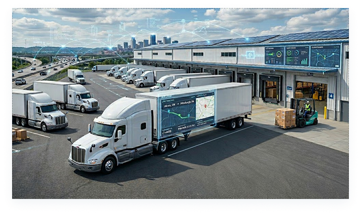 Semi-truck leaving locking dock that is connected