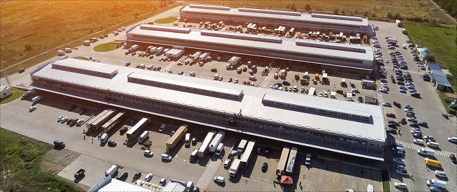 Loading docks with semi-trailers and trucks