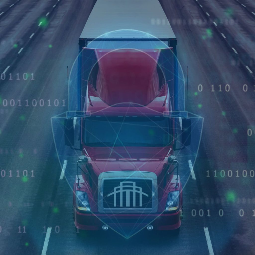 Self-driving truck with digital cybersecurity overlay, autonomous transportation technology, connected logistics, AI-driven vehicle security, smart trucking innovation.