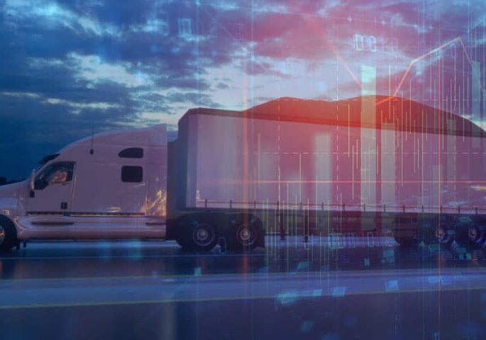 Futuristic digital overlay on freight truck for supply chain and logistics technology solutions.