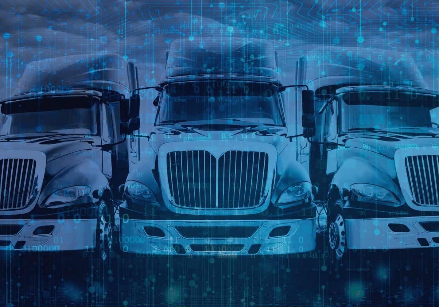 Three over-the-road freight trucks parked side-by-side with digital connectivity overlay